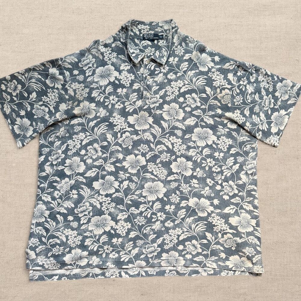 Vintage Polo Ralph Lauren Polo Shirt Mens Size 3XLT Tall Blue Floral Hawaiian